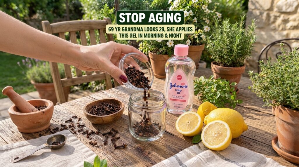 A hand pouring dried cloves from a small glass bowl into a larger glass jar with a bottle of baby oil a halved lemon and