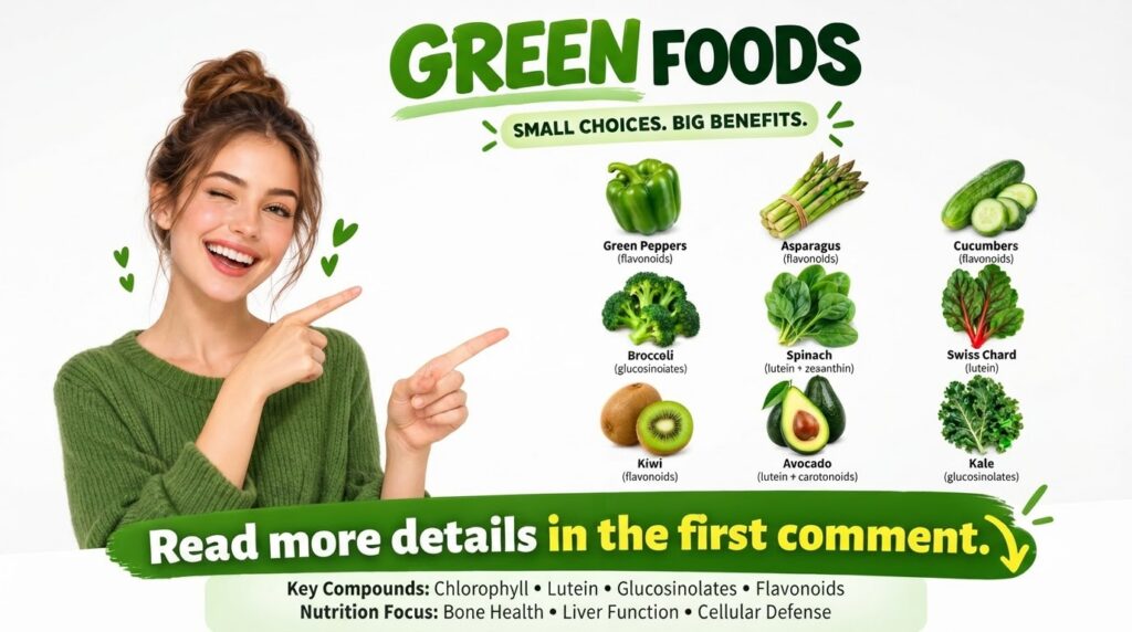 A vibrant infographic promoting GREEN FOODS and their benefits featuring a cheerful young woman pointing to a grid of va