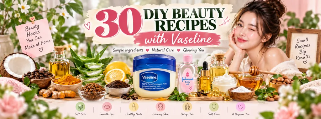 A vibrant banner promoting 30 DIY beauty recipes using Vaseline with natural ingredients like aloe vera lemons turmeric 