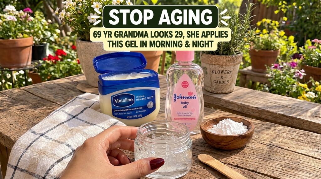 A flat lay composition showing an open tub of Vaseline a bottle of baby oil and a small glass jar with clear gel held by