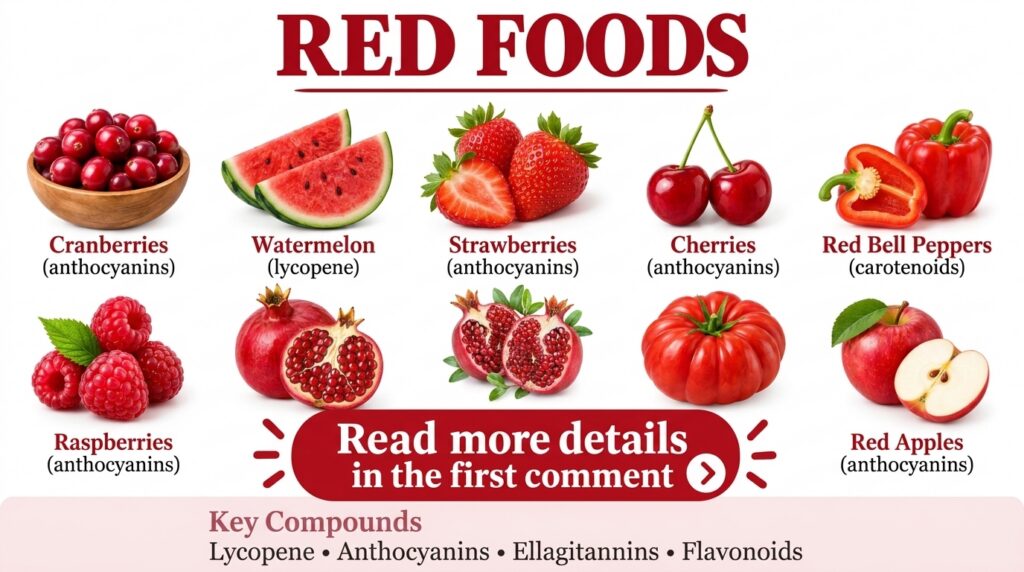 An infographic featuring nine different red food items arranged in a 3x3 grid against a white background Each food is la