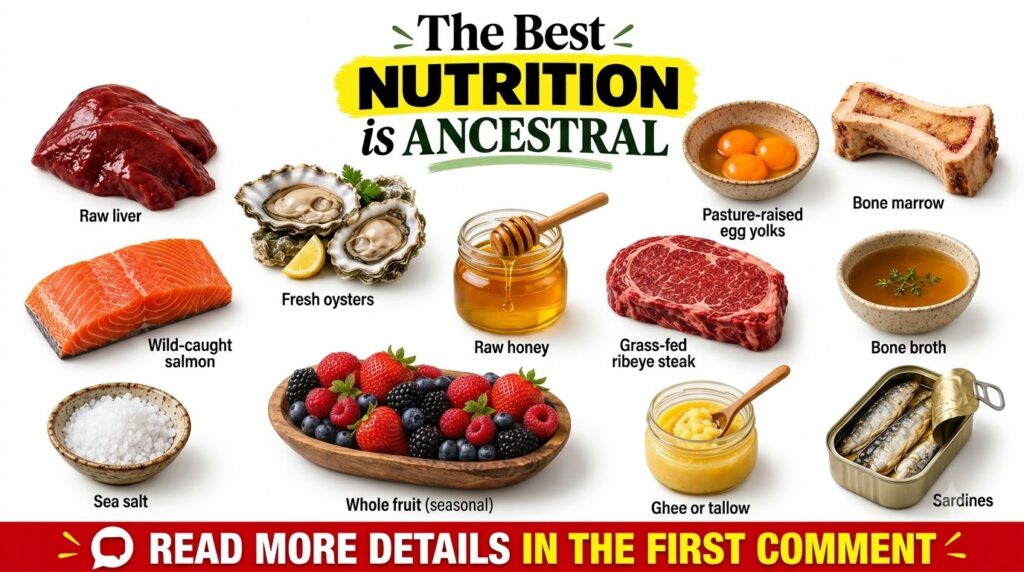 A grid of 12 distinct unprocessed food items with text labels Includes organ meats like liver ribeye steak salmon bone m