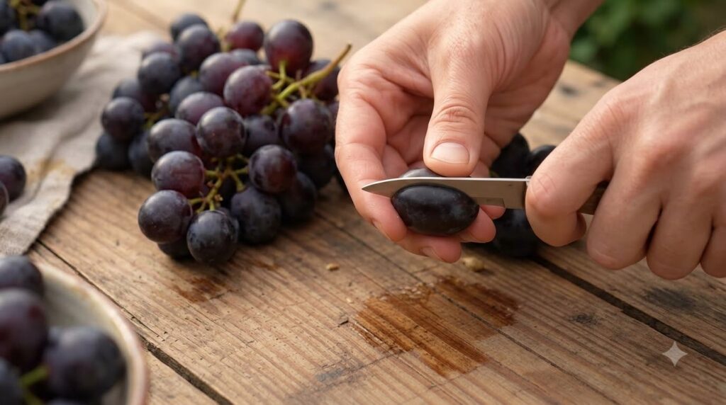 A close-up of hands carefully cutting a dark grape with a small knife on a rustic wooden surface with other grapes blurr