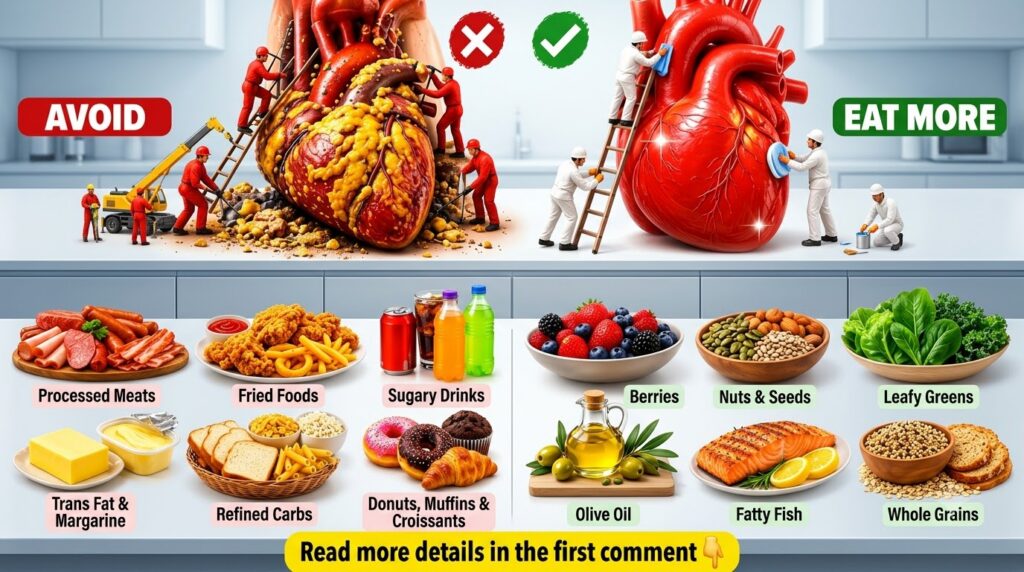 An infographic illustrating foods to avoid and foods to eat more for heart health with stylized diseased and healthy hea