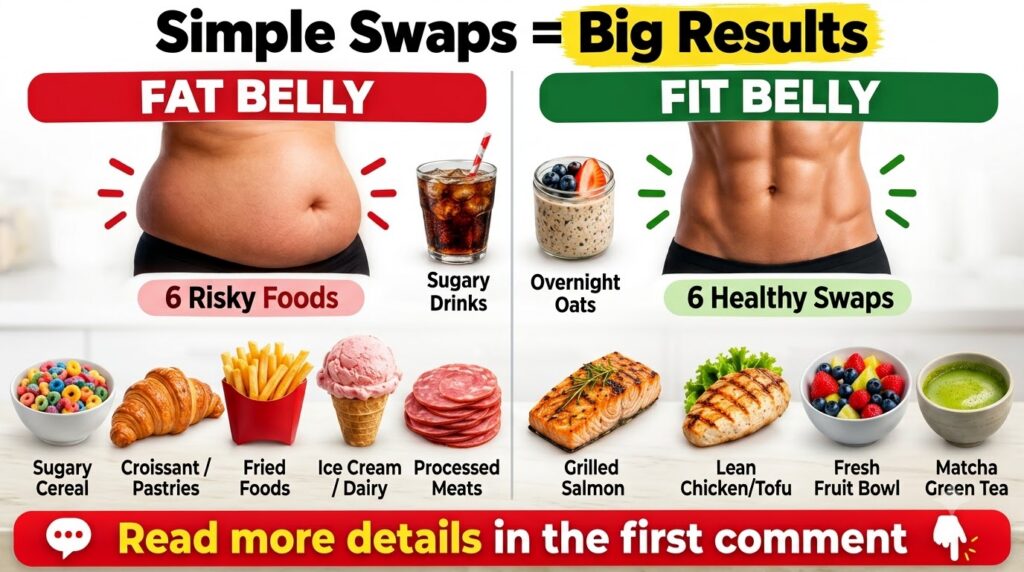 An infographic contrasting Fat Belly with Fit Belly showing six risky foods like sugary cereal and croissants versus six