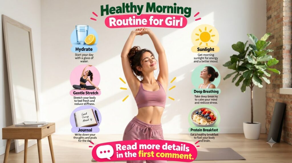 Infographic detailing a healthy morning routine for a girl showing icons for Hydrate Sunlight Gentle Stretch Deep Breath