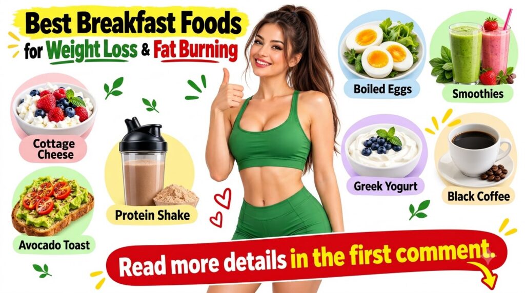 A vibrant infographic promoting Best Breakfast Foods for Weight Loss Fat Burning featuring a smiling woman in green acti