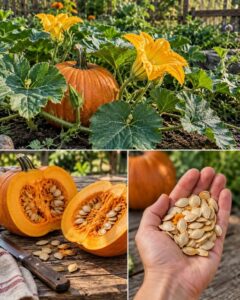 A cut-open pumpkin with its fibrous interior and a generous amount of large pale seeds clearly visible