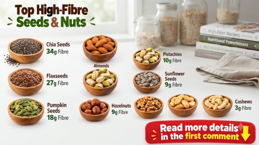 An infographic showing ten different types of seeds and nuts in individual wooden bowls on a white background each label