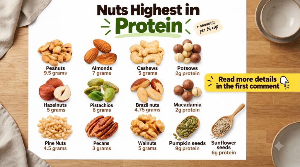 An infographic showing nine different types of nuts in a clean grid layout with each nut s protein content per 1 4 cup d