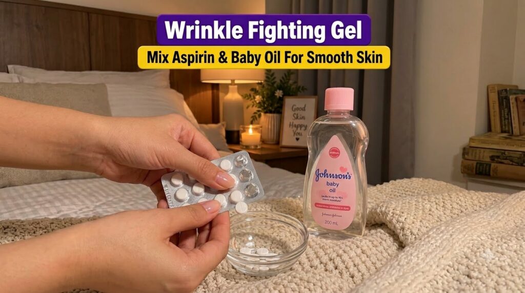 A close-up of hands preparing aspirin and baby oil for a DIY skin treatment Several aspirin tablets are in a small glass