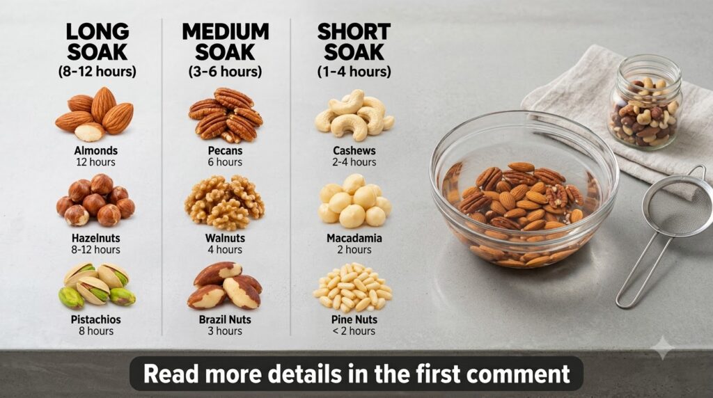 An infographic detailing recommended soaking times for various nuts categorized into Long Soak Medium Soak and Short Soa