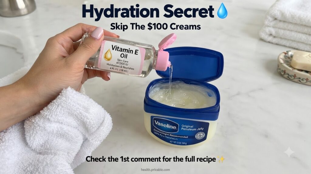 A hand pouring clear Vitamin E oil from a small transparent bottle into an open tub of Vaseline Original Petroleum Jelly