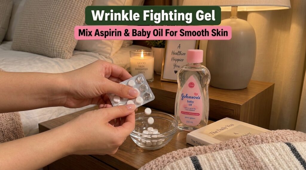 Hands pressing white aspirin pills from a blister pack into a clear glass bowl with a bottle of baby oil next to it agai