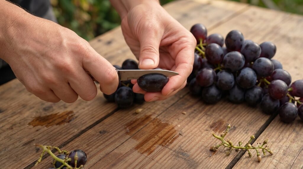 Close-up of hands holding and slicing a dark purple grape on a wet wooden surface with a blurred background of more grap