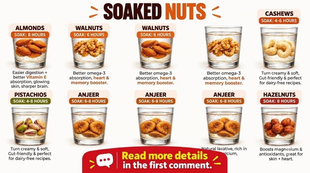 Infographic showing six types of nuts and dried fruit almonds walnuts cashews pistachios anjeer hazelnuts soaking in gla