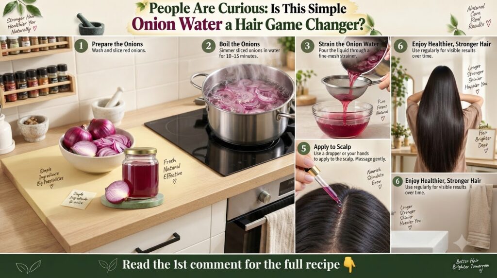 An infographic showing a six-step process for making and using onion water for hair It features images of red onions boi