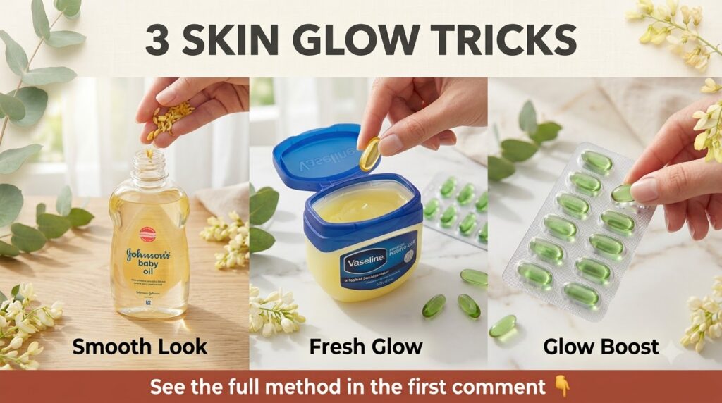 A vertical collage showcasing three skin glow tricks Johnson s baby oil Vaseline and green capsules with cloves arranged