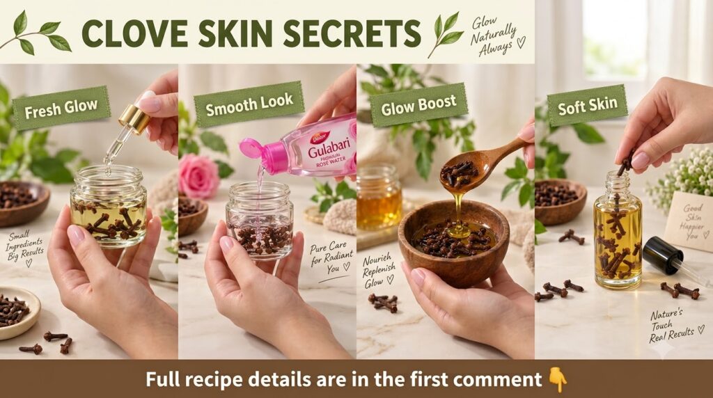 A collage showing various DIY skincare preparations with cloves including hands mixing cloves with oil rose water and ho