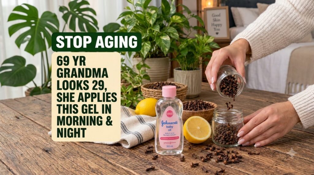 A hand is pouring dried cloves from a glass jar into a smaller jar on a rustic wooden surface Johnson s baby oil and two
