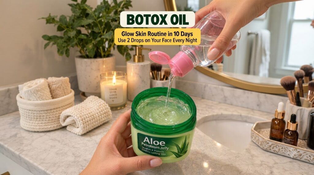 Hands pouring a clear liquid from a transparent bottle with a pink cap into a green jar labeled Aloe Petroleum Jelly mix