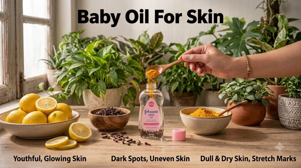 A hand dripping liquid from a green capsule into a Johnson s baby oil bottle surrounded by natural ingredients like clov