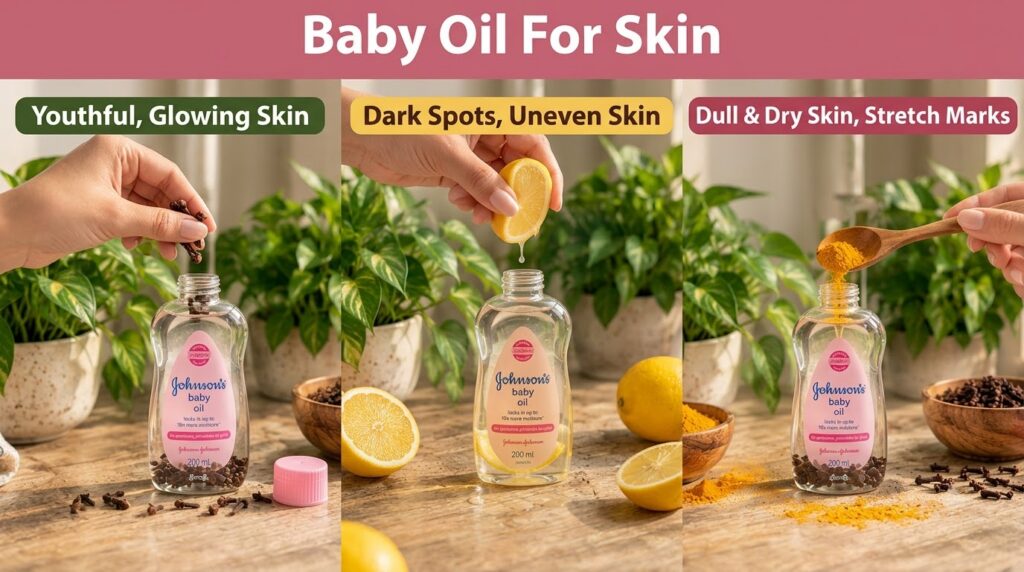 A triptych image showing three hands preparing different baby oil blends one adding vitamin E from a green capsule one s