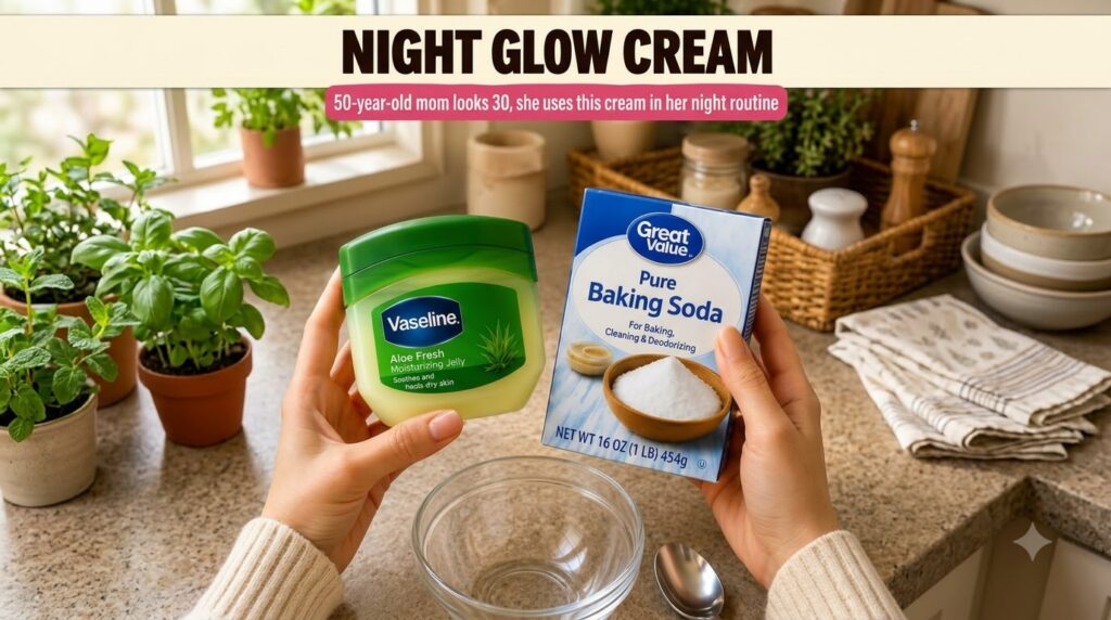 Hands holding a jar of Vaseline Aloe Fresh Moisturizing Jelly and a box of baking soda with an empty glass bowl and spoo