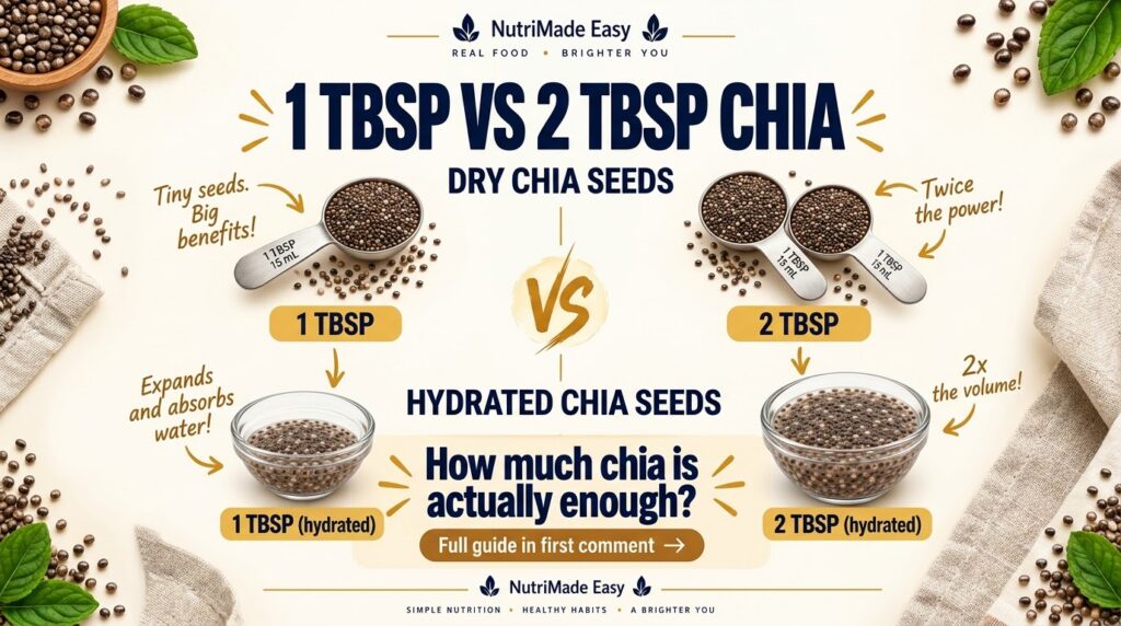 An infographic comparing 1 and 2 tablespoons of dry chia seeds versus the same amounts hydrated showing their expansion 