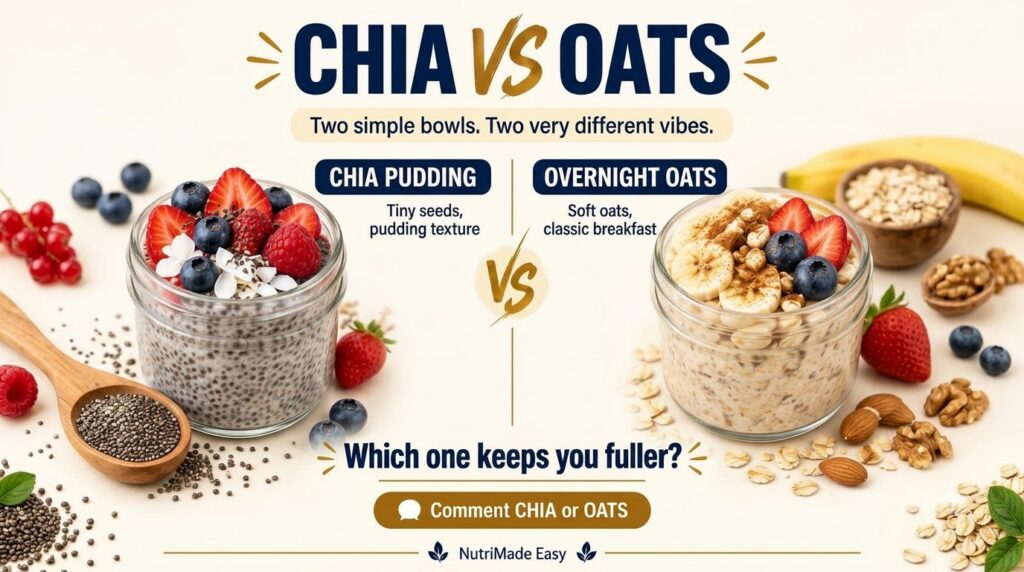Two clear glass jars side-by-side one with chia pudding topped with berries and banana slices the other with overnight o