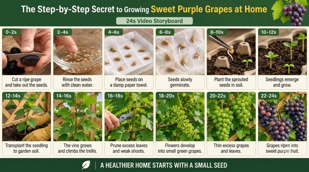 An infographic detailing the 12 steps to grow sweet purple grapes from seed at home showing seed extraction germination 
