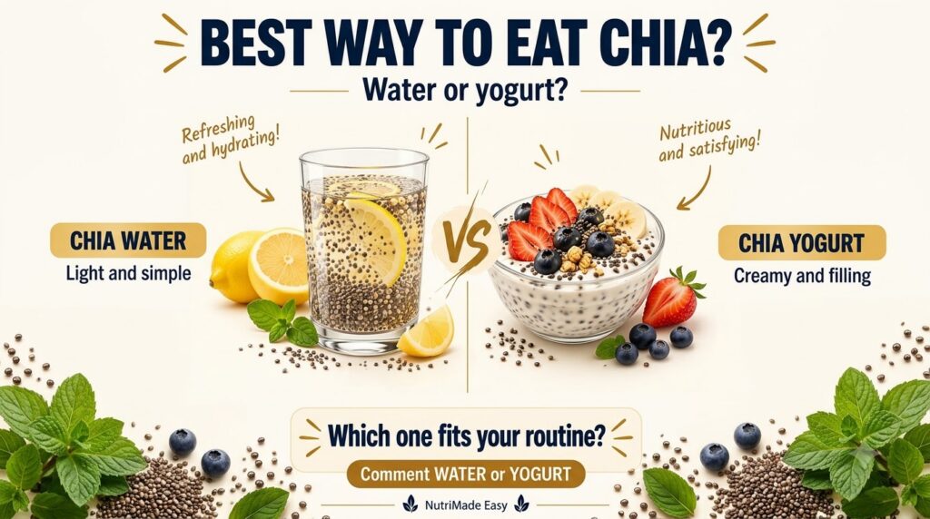 An infographic comparing chia seeds prepared in water with lemon and mint versus chia seeds mixed into yogurt with vario