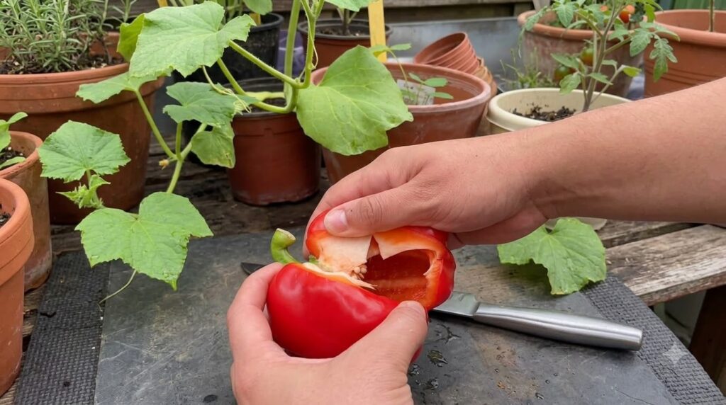 A close-up of a person s hands gently pulling apart a ripe red bell pepper revealing its internal structure seeds and wh
