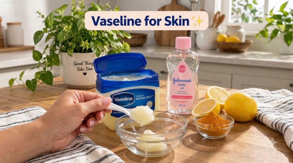 A hand holding a spoonful of Vaseline jelly over a clear glass bowl with an open tub of Vaseline a bottle of Johnson s b
