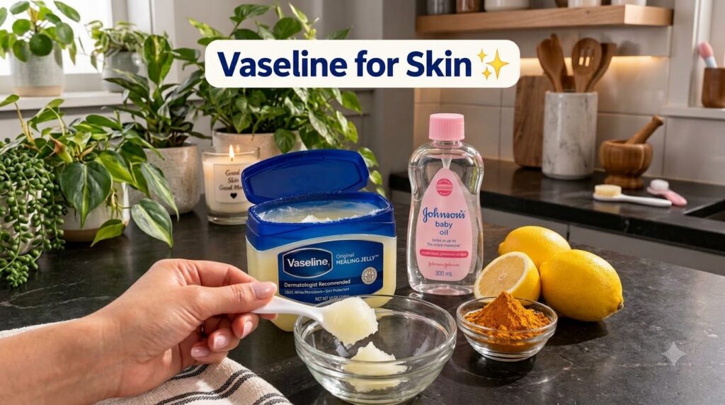 A hand holding a spoonful of Vaseline over a small glass bowl surrounded by an open tub of Vaseline a bottle of baby oil