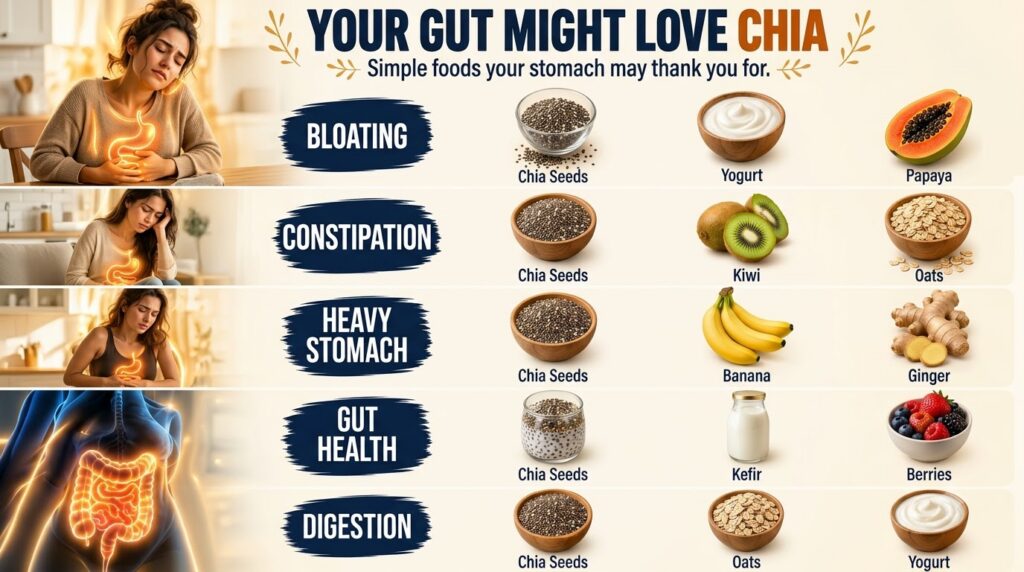 A vertical infographic detailing how foods like chia seeds yogurt papaya kiwi oats banana ginger kefir and berries can h