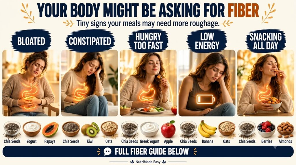 An infographic titled YOUR BODY MIGHT BE ASKING FOR FIBER showing five women illustrating symptoms like bloating constip