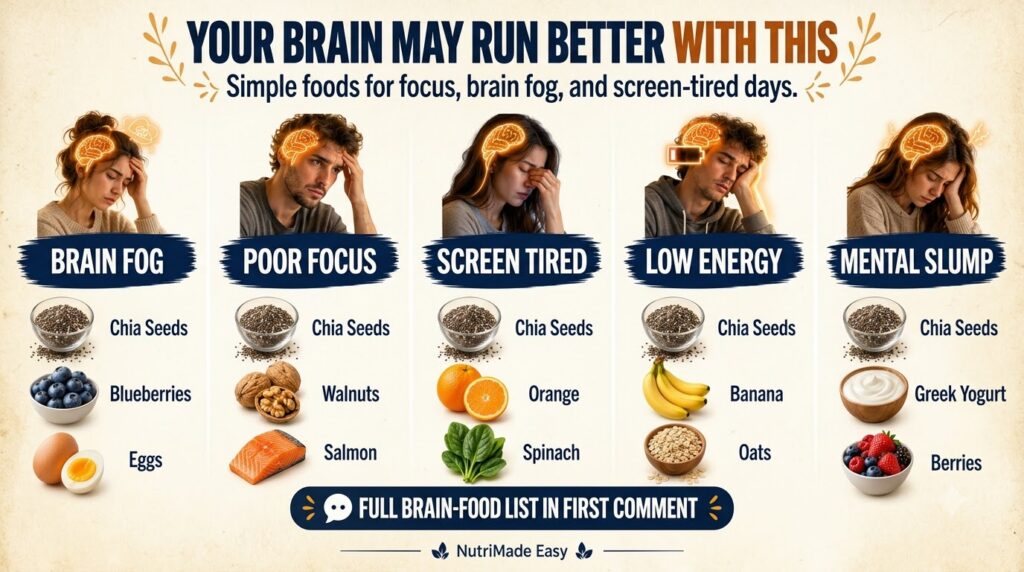 An infographic showing different foods that improve brain function with sections for common brain issues like Brain Fog 