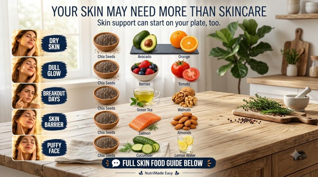 An infographic showing different skin concerns Dry Skin Dull Glow Breakout Days Skin Barrier Puffy Face and correspondin