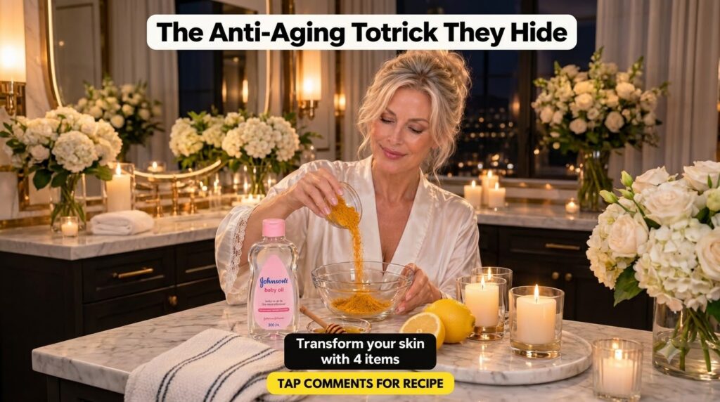 An elegant blonde woman in a satin robe gently pouring golden turmeric powder from a small bowl into a larger mixing bow