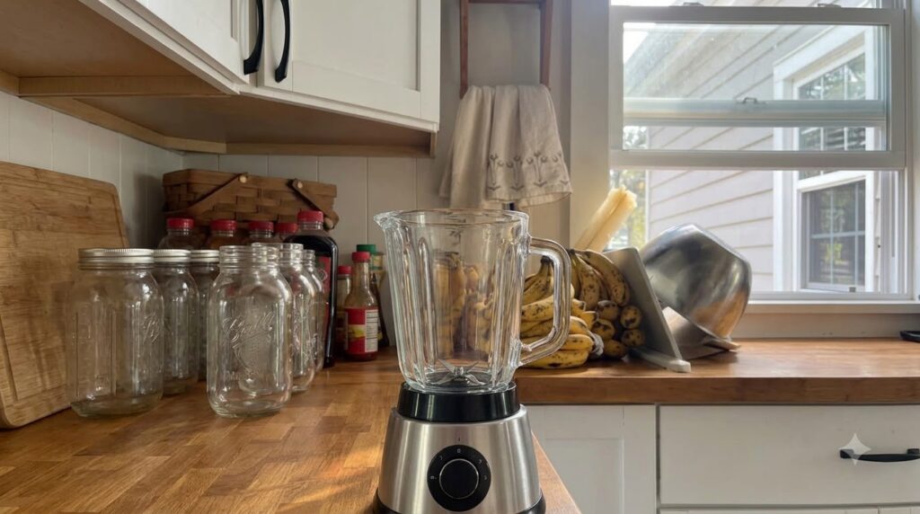 A clean kitchen counter with a blender ready for making fresh drinks alongside bananas and empty mason jars