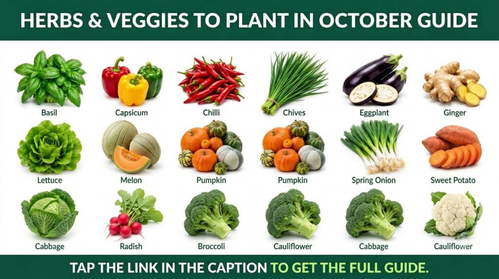 A visual guide displaying various herbs and vegetables suitable for October planting arranged in a grid with their names