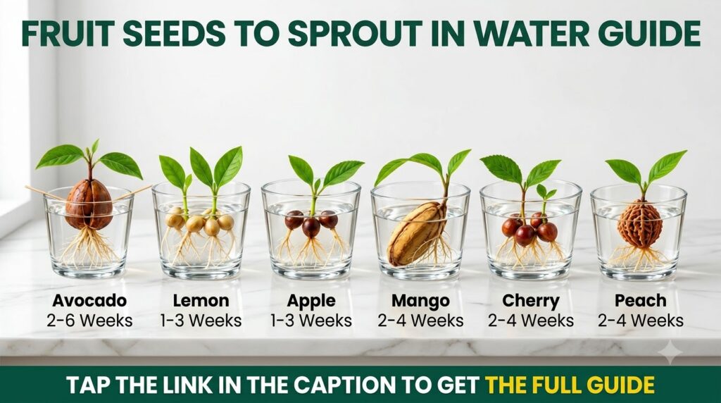 An informational guide showing various fruit seeds including avocado lemon and mango sprouting in clear glasses of water