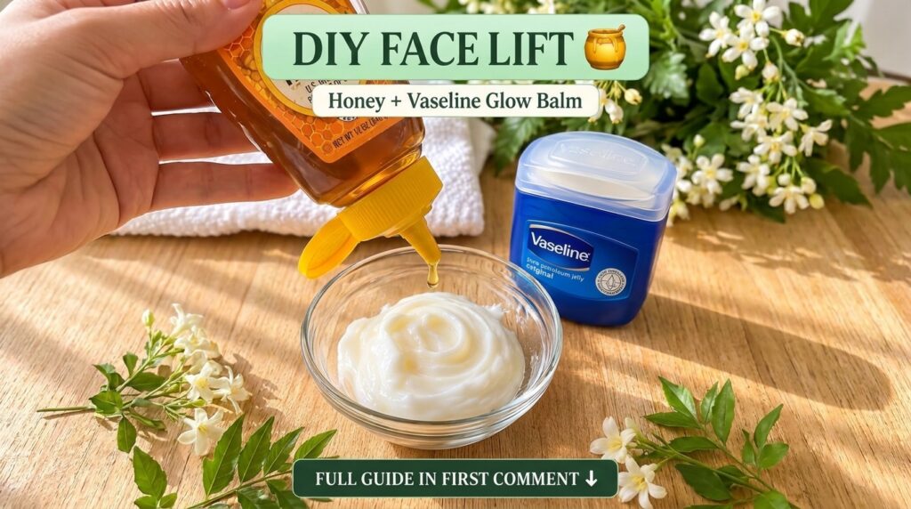 A hand pouring honey into a bowl with petroleum jelly with a Vaseline tub and white flowers in the background on a woode