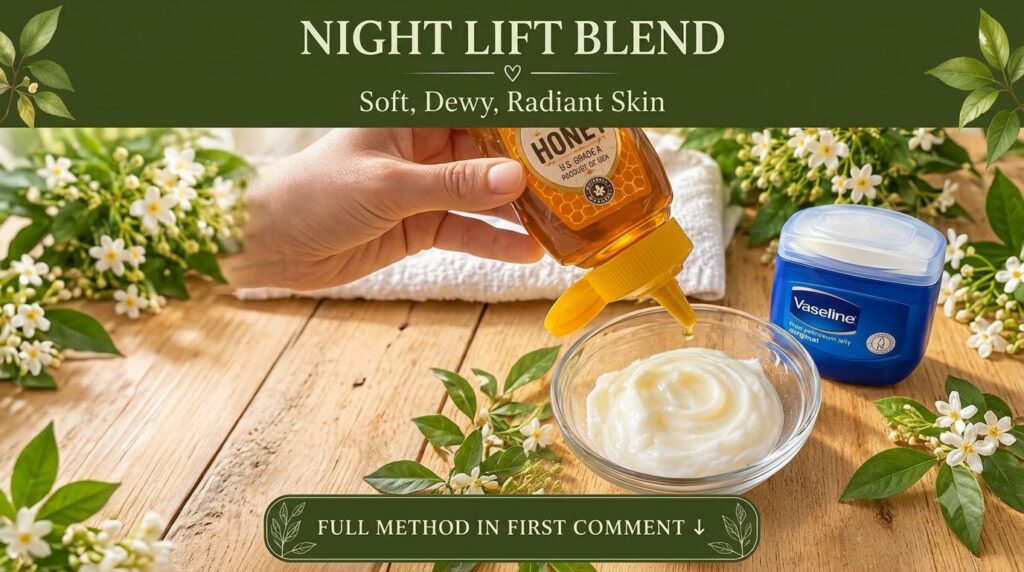 A hand squeezing a honey bottle allowing a drop to fall into a glass bowl of white cream next to a tub of Vaseline set o