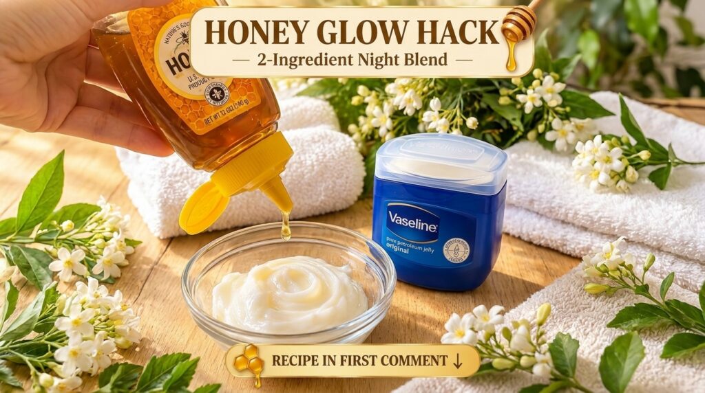 A hand pouring golden honey from a squeeze bottle into a glass bowl containing a white creamy substance with a blue tub 