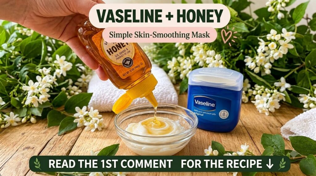 A hand pouring golden honey from a squeeze bottle into a glass bowl filled with a white creamy substance Vaseline A blue