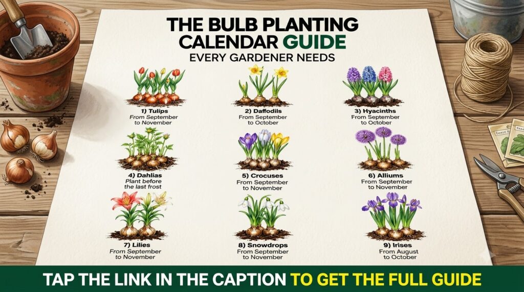 An infographic showing The Bulb Planting Calendar Guide with nine types of flowering bulbs Tulips Daffodils Hyacinths Da