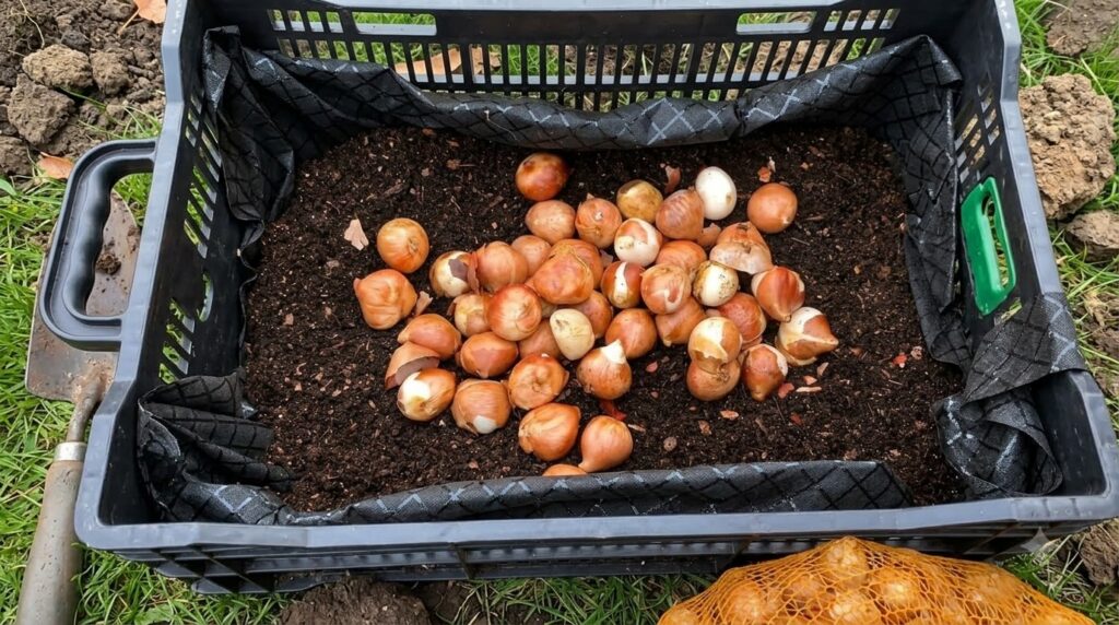 An overhead view of numerous tulip bulbs with papery skins resting on dark soil in a black plastic crate with a mesh bag