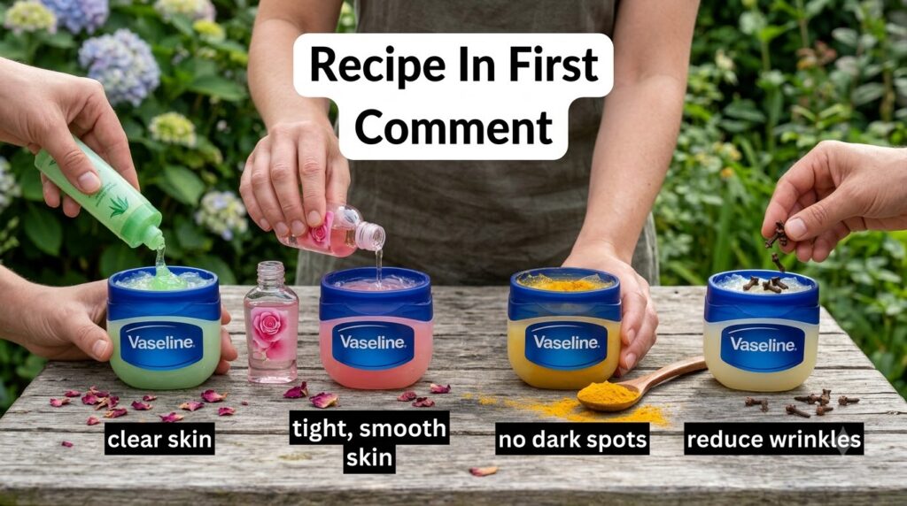 A four-panel collage showing a hand holding a jar of Vaseline mixed with a green liquid another with a clear liquid a th